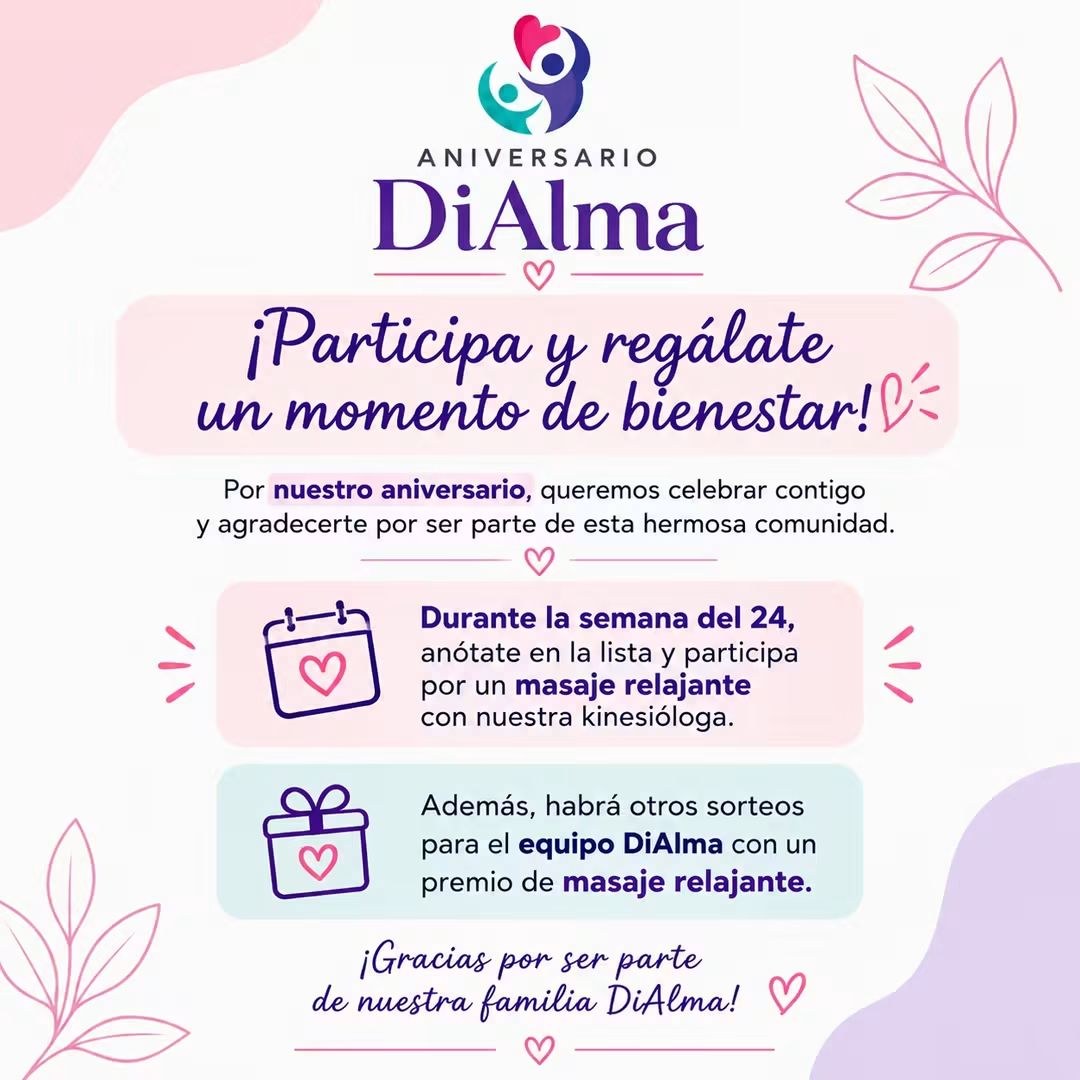 Afiche aniversario DiAlma, participa y regálate un momento de bienestar